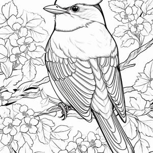 May include: A black and white line art illustration of a bird perched on a flowering branch. The bird has detailed feathers and a pointed beak, surrounded by clusters of blossoms and leaves. This coloring page design features clean outlines.