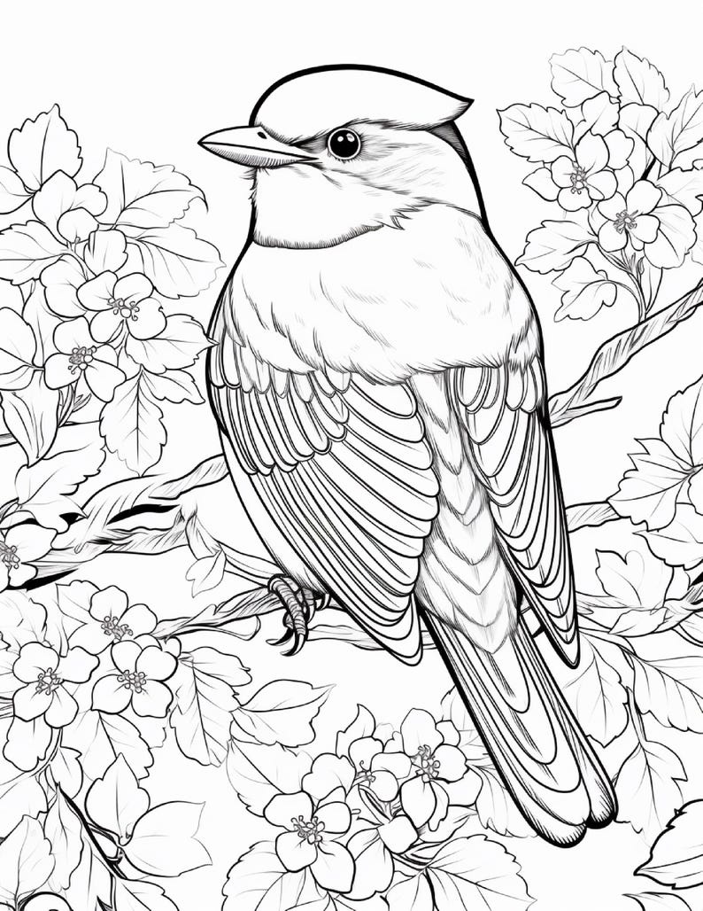 May include: A black and white line art illustration of a bird perched on a flowering branch. The bird has detailed feathers and a pointed beak, surrounded by clusters of blossoms and leaves. This coloring page design features clean outlines.