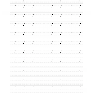 Peut inclure: Une feuille d'exercice d'&eacute;criture blanche avec plusieurs lignes de points noirs. La premi&egrave;re ligne affiche un trac&eacute; pointill&eacute; incurv&eacute;, tandis que les lignes suivantes contiennent des motifs r&eacute;p&eacute;titifs de deux points verticaux align&eacute;s.