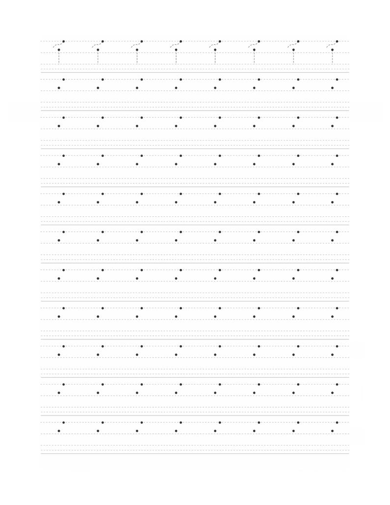 Peut inclure: Une feuille d'exercice d'&eacute;criture blanche avec plusieurs lignes de points noirs. La premi&egrave;re ligne affiche un trac&eacute; pointill&eacute; incurv&eacute;, tandis que les lignes suivantes contiennent des motifs r&eacute;p&eacute;titifs de deux points verticaux align&eacute;s.