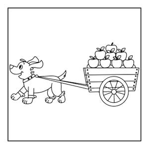 May include: A black and white line art illustration of a cartoon dog wearing a collar, pulling a wooden cart filled with a pile of apples. The dog is positioned to the left, facing the cart, with its tail raised and ears slightly perked up.