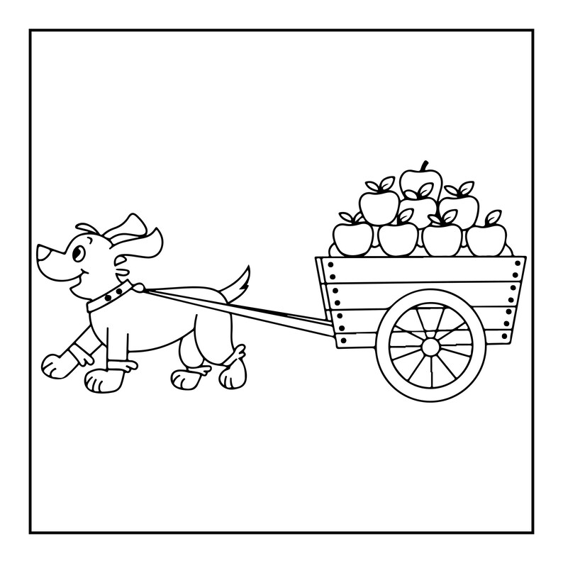 May include: A black and white line art illustration of a cartoon dog wearing a collar, pulling a wooden cart filled with a pile of apples. The dog is positioned to the left, facing the cart, with its tail raised and ears slightly perked up.