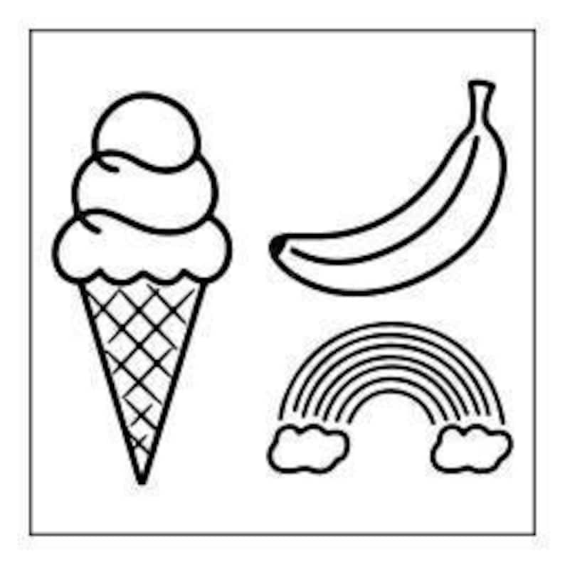 A line drawing of an ice cream cone, a banana, and a rainbow with clouds.