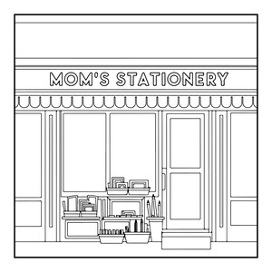Op de afbeelding: Een zwart-wit lijntekening van een winkelpui met de tekst MOM'S STATIONERY boven de ingang. De winkel heeft een geschulpte luifel, grote etalageruiten en een deur. In de etalages staan diverse kantoorartikelen uitgestald.