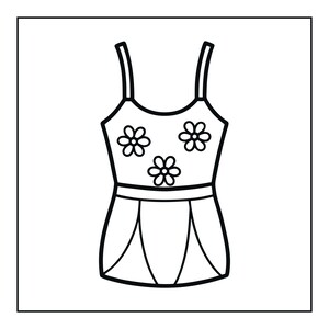 May include: A black and white line art illustration of a sleeveless top with thin shoulder straps. The bodice features three simple flower icons, and the lower section has a horizontal band with three vertical panels creating a flared hemline.