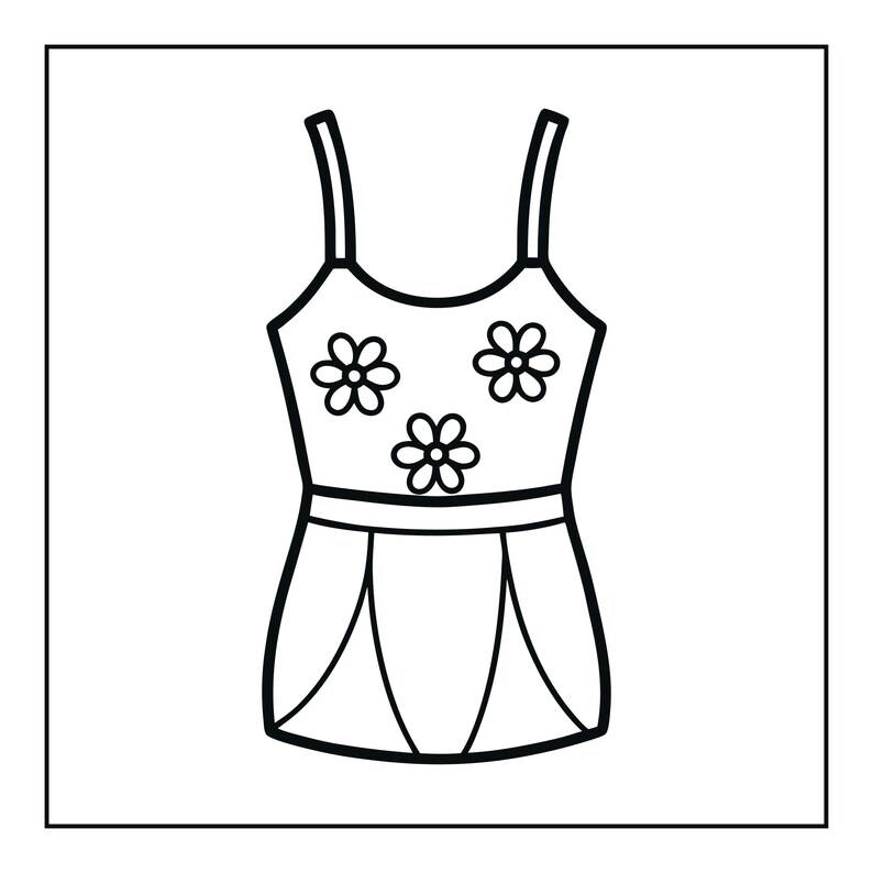 May include: A black and white line art illustration of a sleeveless top with thin shoulder straps. The bodice features three simple flower icons, and the lower section has a horizontal band with three vertical panels creating a flared hemline.