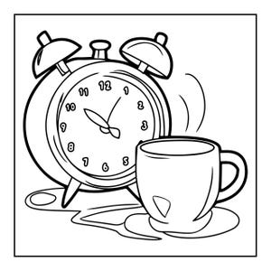 A line drawing of an old-fashioned alarm clock next to a steaming mug, with spilled liquid underneath both.