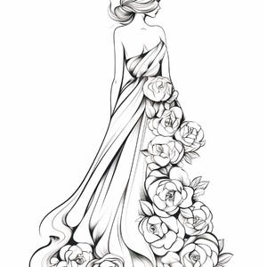 Pu&ograve; includere: Un'illustrazione a tratto in bianco e nero di una figura che indossa un abito lungo e fluido. L'abito presenta un corpetto drappeggiato e una gonna decorata con una cascata di grandi rose dettagliate e foglie che scendono dalla vita al suolo.