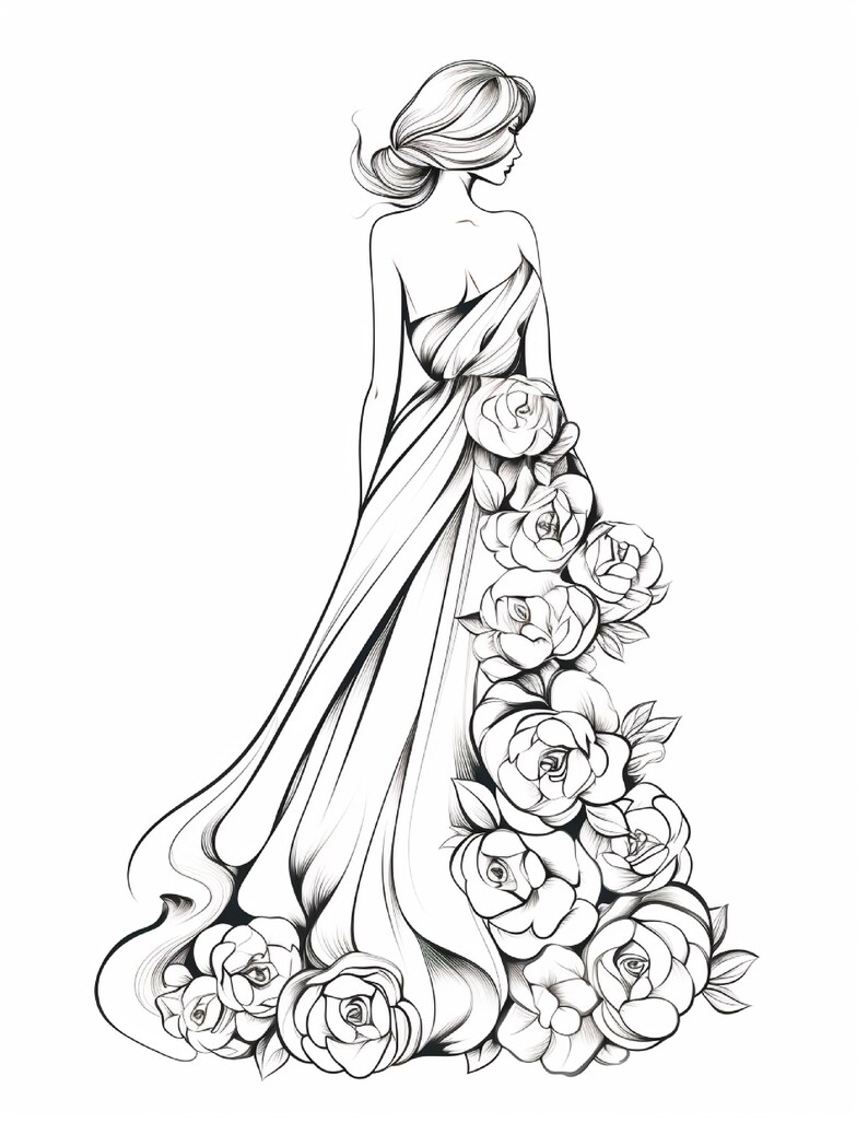 Pu&ograve; includere: Un'illustrazione a tratto in bianco e nero di una figura che indossa un abito lungo e fluido. L'abito presenta un corpetto drappeggiato e una gonna decorata con una cascata di grandi rose dettagliate e foglie che scendono dalla vita al suolo.