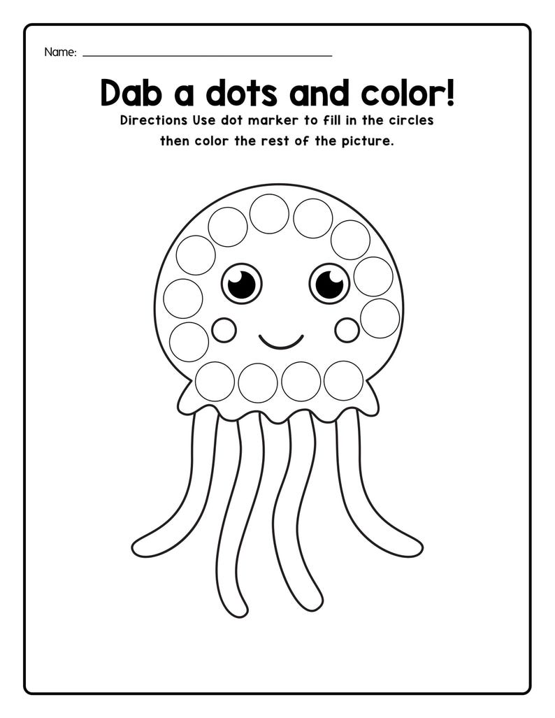 A black and white printable coloring worksheet featuring a smiling jellyfish outline with dot marker circles along its cap.