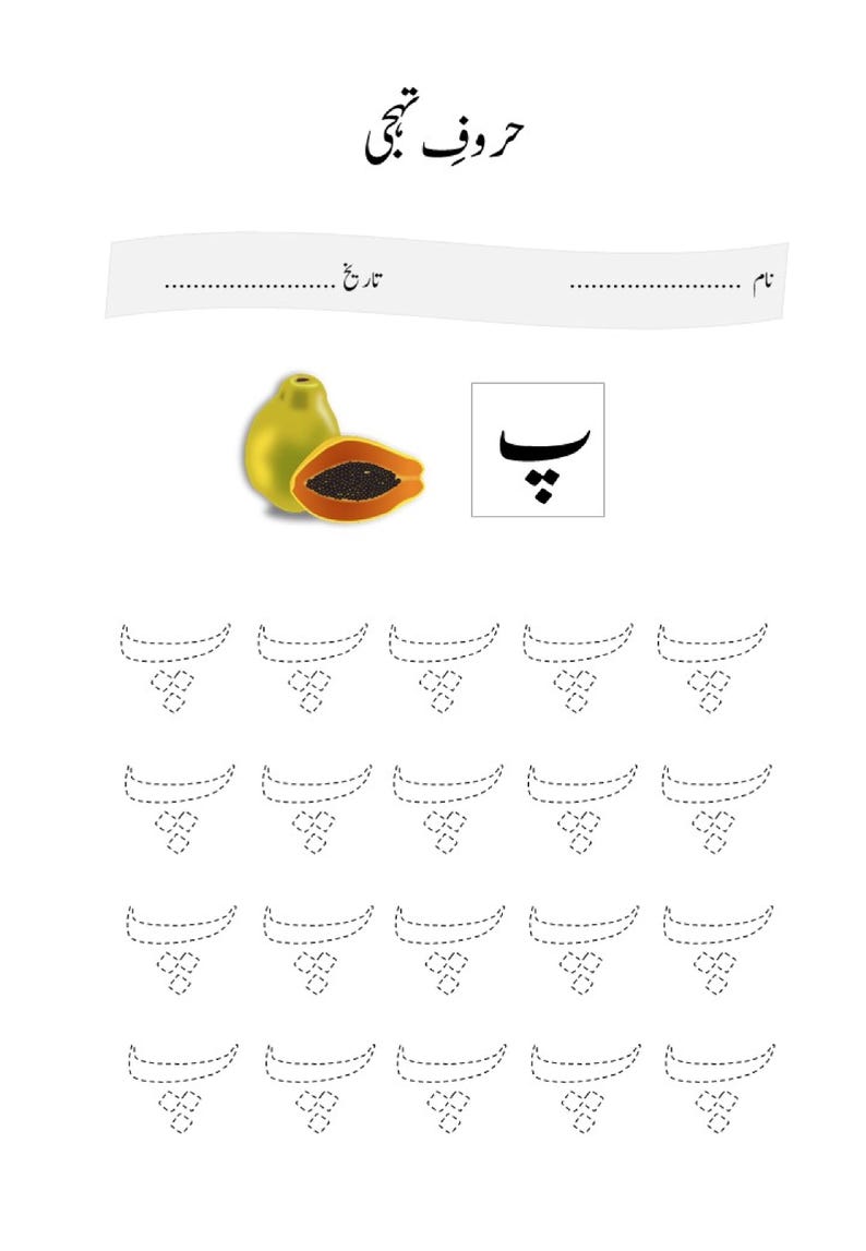May include: An educational worksheet for learning the Urdu alphabet, featuring the letter Pe, a papaya illustration, and rows of dotted tracing characters for practice. The page includes blank lines for a name and date at the top.