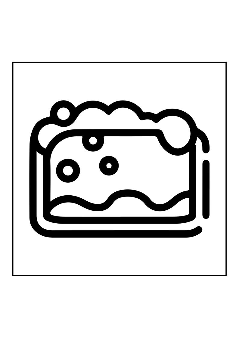 Op de afbeelding: Een zwart-wit lijntekening-icoon dat een rechthoekige container met vloeistof weergeeft. Het vloeistofoppervlak is bedekt met dikke, afgeronde bellen, met verschillende kleinere cirkelvormige bellen die in de vloeistof zweven.