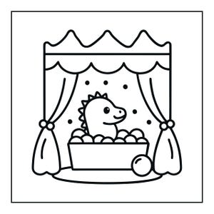 May include: A black and white line art illustration featuring a small dinosaur character sitting in a bathtub filled with bubbles. The scene is framed by two curtains pulled to the sides under a scalloped valance, with small dots scattered above.