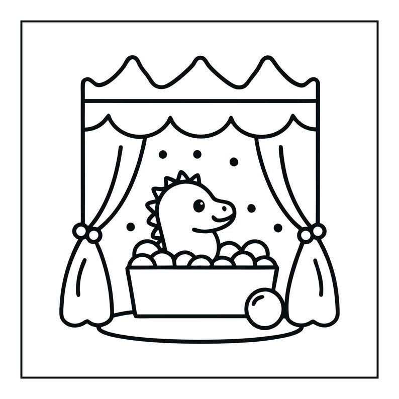 May include: A black and white line art illustration featuring a small dinosaur character sitting in a bathtub filled with bubbles. The scene is framed by two curtains pulled to the sides under a scalloped valance, with small dots scattered above.