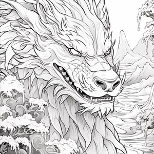 Puede incluir: Una ilustraci&oacute;n de arte lineal en blanco y negro que presenta una cabeza de drag&oacute;n detallada con una melena fluida, dientes afilados y ojos intensos. El fondo muestra olas rompiendo estilizadas, picos monta&ntilde;osos rocosos y un &aacute;rbol, todo en un dibujo a tinta.