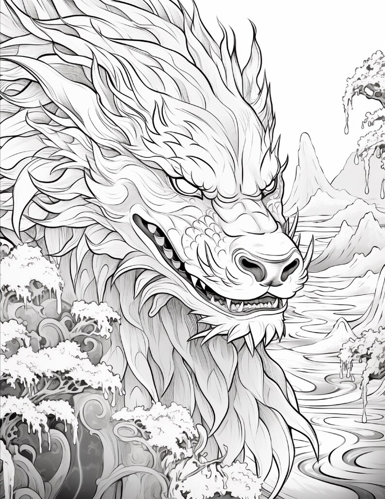 Puede incluir: Una ilustraci&oacute;n de arte lineal en blanco y negro que presenta una cabeza de drag&oacute;n detallada con una melena fluida, dientes afilados y ojos intensos. El fondo muestra olas rompiendo estilizadas, picos monta&ntilde;osos rocosos y un &aacute;rbol, todo en un dibujo a tinta.
