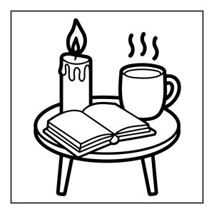May include: A black and white line art illustration of a small round table with three legs. On the table sits an open book, a lit candle with dripping wax, and a steaming mug. The drawing features bold outlines and simple shapes throughout.