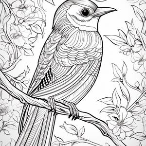 May include: A black and white line art illustration of a bird perched on a flowering branch. The bird features intricate feather patterns and is surrounded by detailed blossoms and leaves, creating a complex design suitable for coloring.