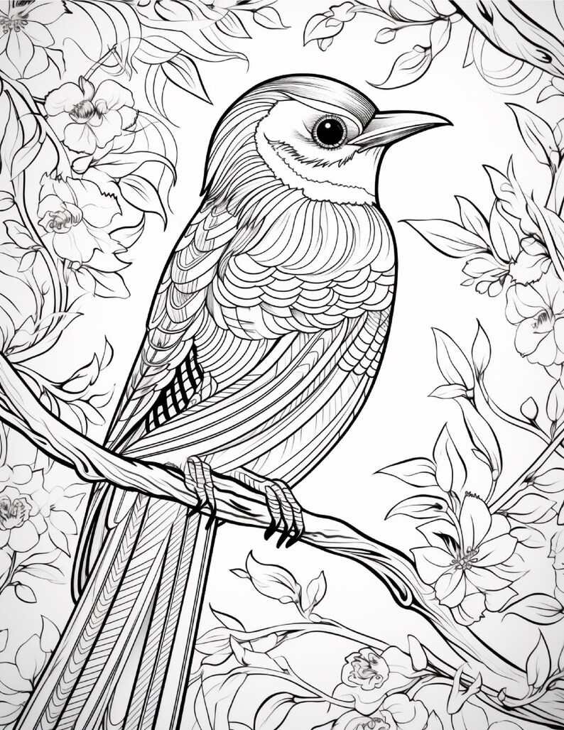 May include: A black and white line art illustration of a bird perched on a flowering branch. The bird features intricate feather patterns and is surrounded by detailed blossoms and leaves, creating a complex design suitable for coloring.