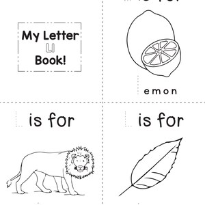 A printable coloring worksheet for the letter L featuring a lemon, a lion, and a leaf with tracing lines.