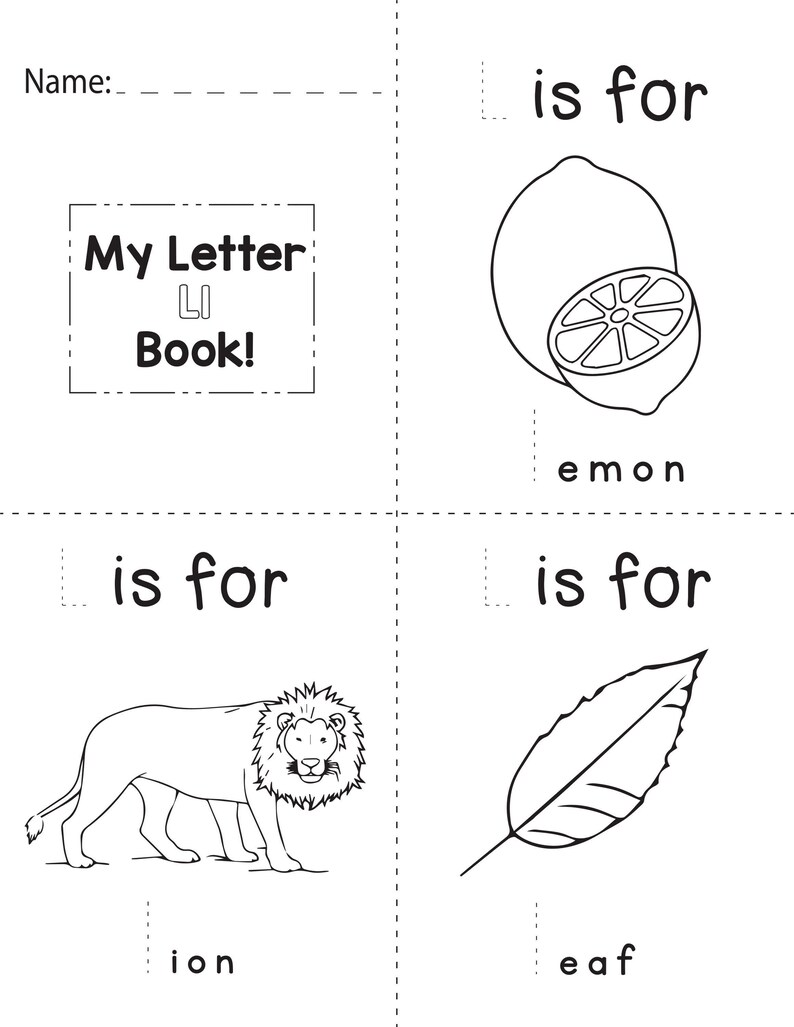 A printable coloring worksheet for the letter L featuring a lemon, a lion, and a leaf with tracing lines.
