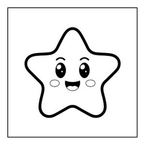 以下が含まれることがあります： 5つの尖った星のキャラクターの白黒線画。星には、大きく丸い暗い目、アーチ型の眉、2本の歯が見える大きく笑った口、小さな丸い頬を持つ陽気な顔が描かれています。