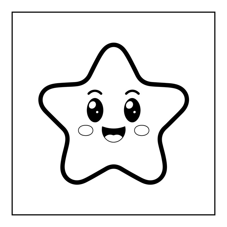 以下が含まれることがあります： 5つの尖った星のキャラクターの白黒線画。星には、大きく丸い暗い目、アーチ型の眉、2本の歯が見える大きく笑った口、小さな丸い頬を持つ陽気な顔が描かれています。