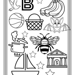 Puede incluir: Una p&aacute;gina para colorear en blanco y negro con la letra B, un p&aacute;jaro, pl&aacute;tanos, un bal&oacute;n de baloncesto, una cesta, un murci&eacute;lago, una olla, una abeja, un velero, un edificio bancario con un signo de d&oacute;lar y estrellas, con el n&uacute;mero 3 abajo.