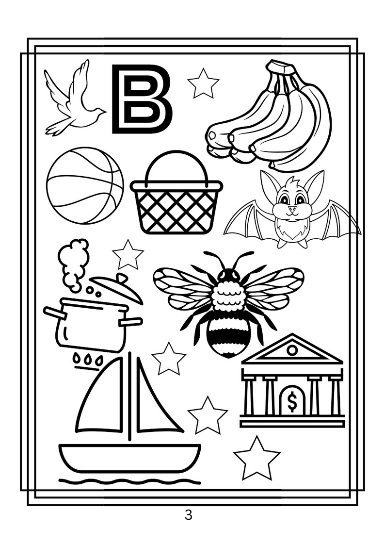 Puede incluir: Una p&aacute;gina para colorear en blanco y negro con la letra B, un p&aacute;jaro, pl&aacute;tanos, un bal&oacute;n de baloncesto, una cesta, un murci&eacute;lago, una olla, una abeja, un velero, un edificio bancario con un signo de d&oacute;lar y estrellas, con el n&uacute;mero 3 abajo.