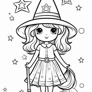 May include: A black and white line art colouring page featuring a character wearing a pointed witch hat with a star emblem. The character has large eyes, wavy hair, and a collared dress with a belt. A broom is held in one hand, surrounded by stars.