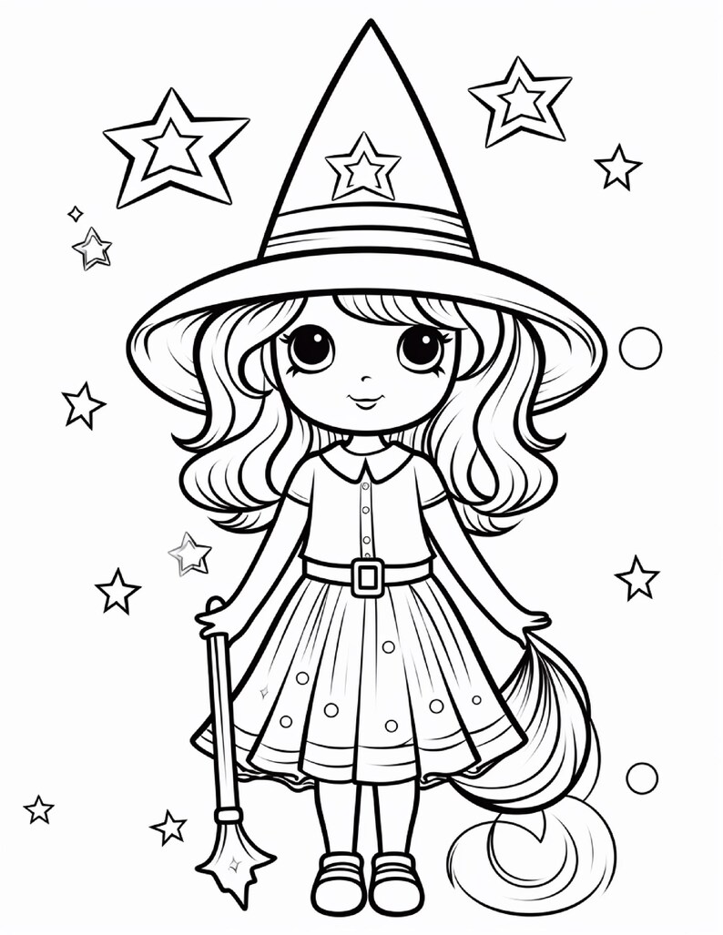 May include: A black and white line art colouring page featuring a character wearing a pointed witch hat with a star emblem. The character has large eyes, wavy hair, and a collared dress with a belt. A broom is held in one hand, surrounded by stars.