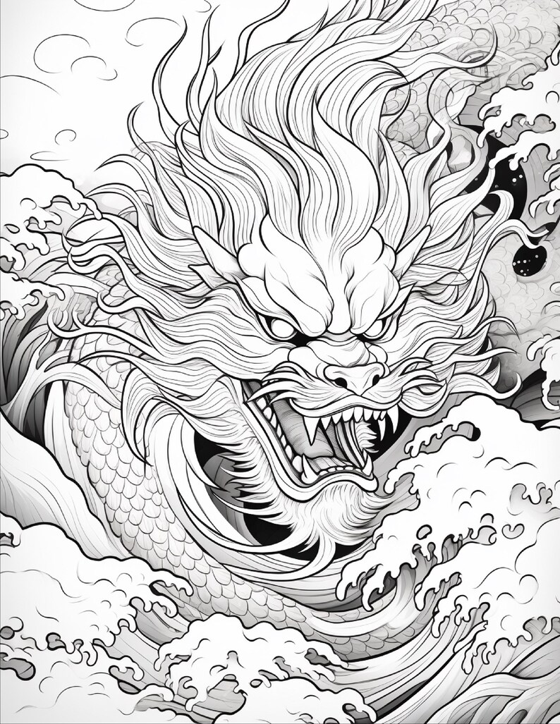 Puede incluir: Una ilustraci&oacute;n de arte lineal en blanco y negro que presenta un drag&oacute;n detallado con una melena fluida y escamas, emergiendo de olas oce&aacute;nicas estilizadas. El drag&oacute;n tiene la boca abierta mostrando dientes afilados y bigotes largos.