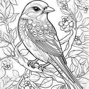 May include: A black and white line art illustration of a bird perched on a flowering branch. The bird features detailed feather patterns and is surrounded by leaves and small clusters of blossoms, creating a nature-themed coloring page design.