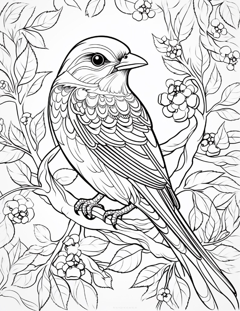 May include: A black and white line art illustration of a bird perched on a flowering branch. The bird features detailed feather patterns and is surrounded by leaves and small clusters of blossoms, creating a nature-themed coloring page design.