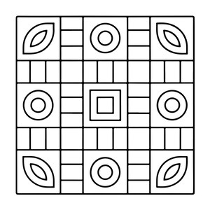 May include: A square black and white graphic pattern featuring a grid of smaller squares. The design includes repeating motifs of circles, leaf-like shapes, and a central square within a square, all outlined in bold black lines on a white background.