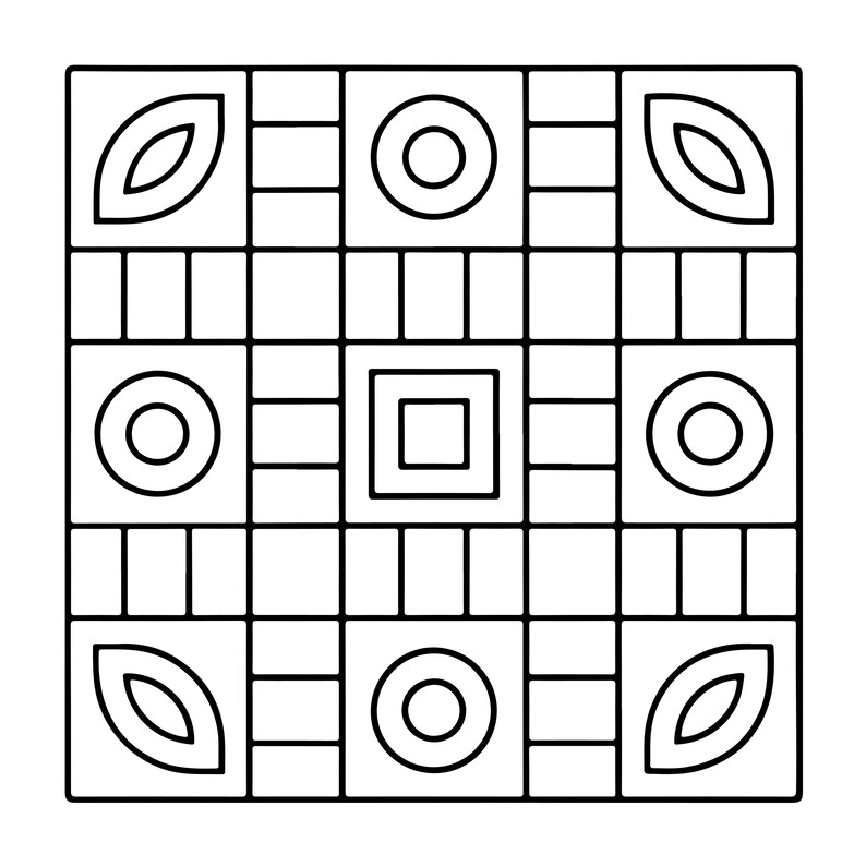 May include: A square black and white graphic pattern featuring a grid of smaller squares. The design includes repeating motifs of circles, leaf-like shapes, and a central square within a square, all outlined in bold black lines on a white background.
