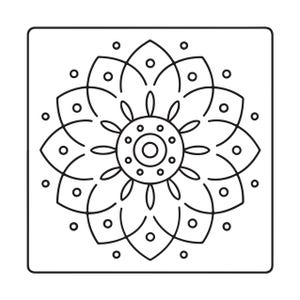 May include: A square tile featuring a black line art mandala design on a white background. The pattern consists of a central circle surrounded by concentric layers of petals and small dots, all enclosed within a thin black square border.
