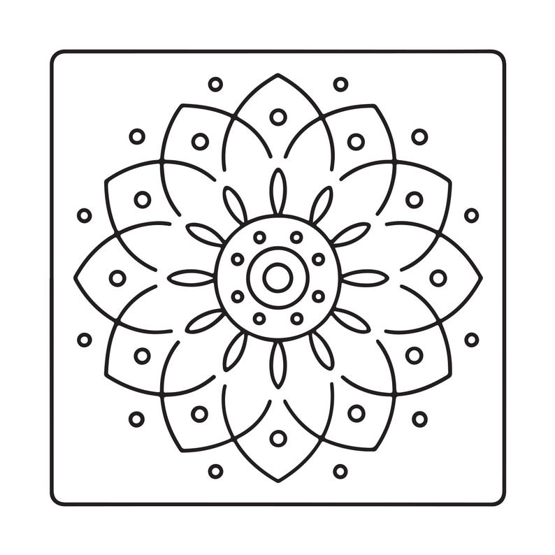 May include: A square tile featuring a black line art mandala design on a white background. The pattern consists of a central circle surrounded by concentric layers of petals and small dots, all enclosed within a thin black square border.