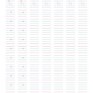 以下が含まれることがあります： 7つの垂直列と水平線で構成された手書き練習用ワークシート。上部の2行には点線フォントで小文字の「h」が表示されています。各行のセットには、書き始めのガイドとなる赤い点が配置されています。