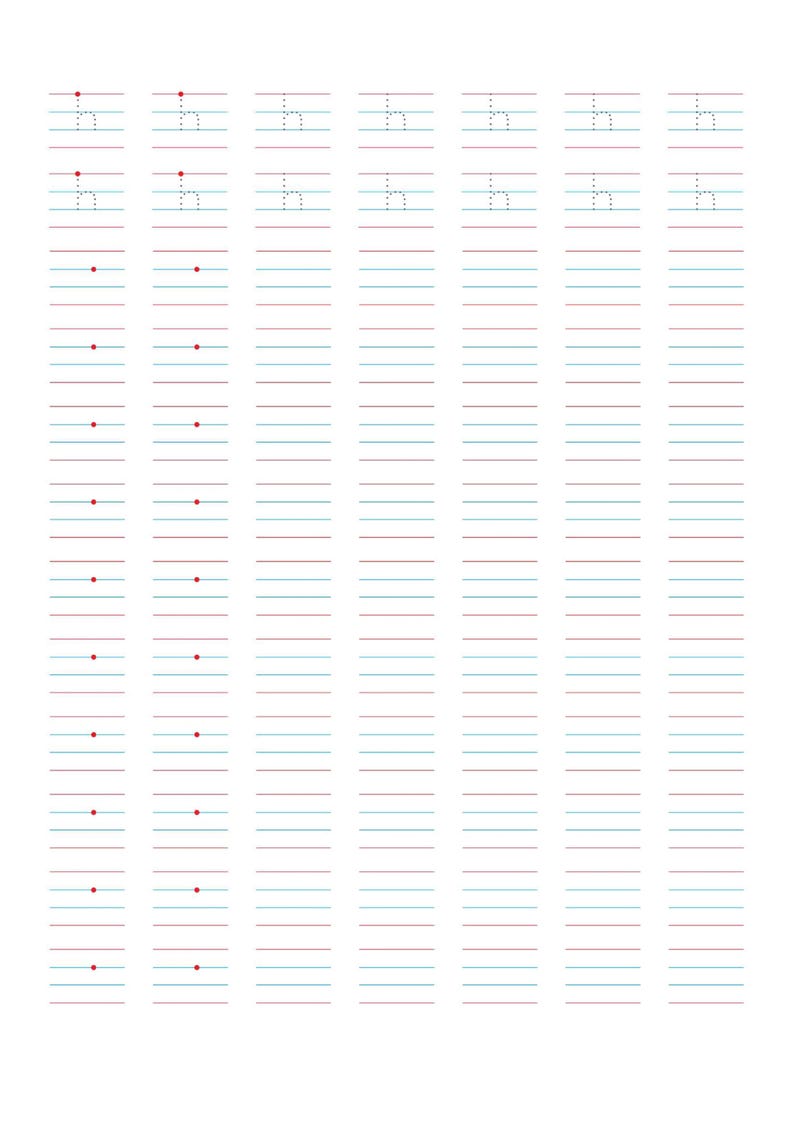 以下が含まれることがあります： 7つの垂直列と水平線で構成された手書き練習用ワークシート。上部の2行には点線フォントで小文字の「h」が表示されています。各行のセットには、書き始めのガイドとなる赤い点が配置されています。