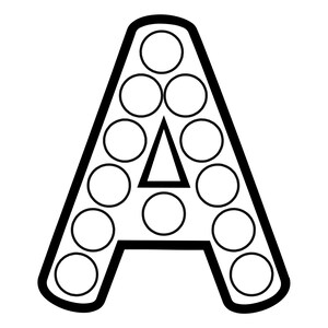 A black and white outline of the uppercase letter A filled with multiple blank circles for dot markers.