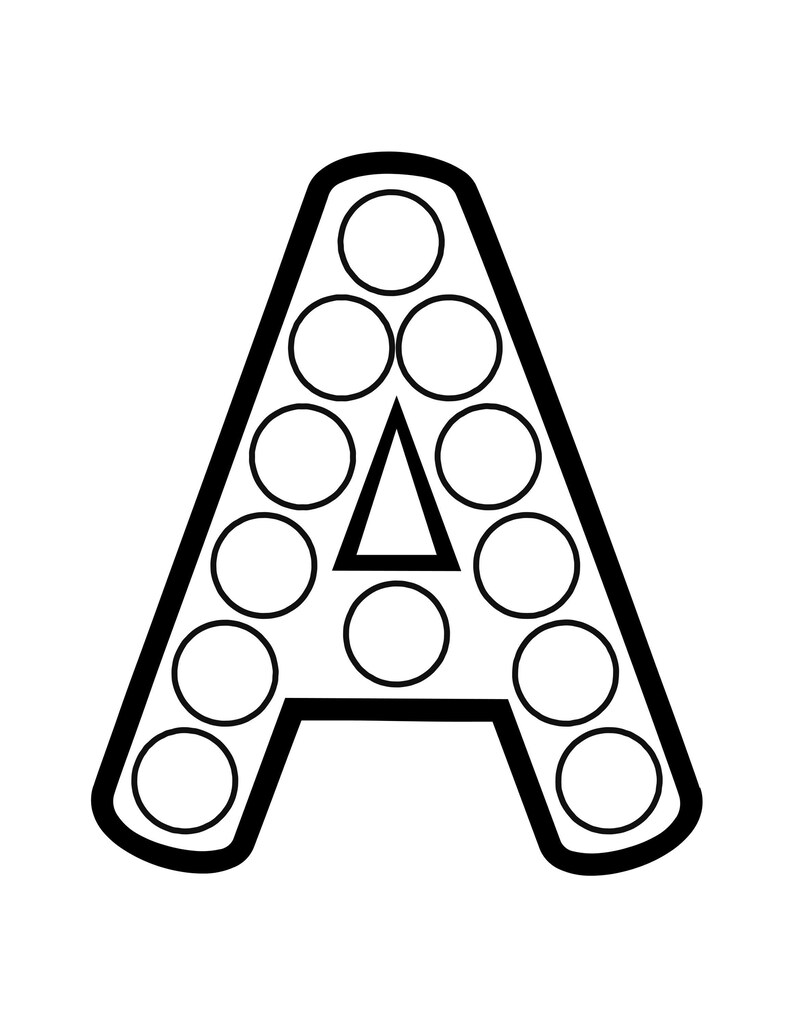 A black and white outline of the uppercase letter A filled with multiple blank circles for dot markers.