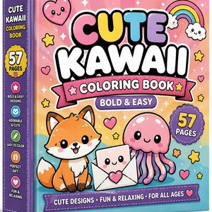 May include: A square colouring book titled Cute Kawaii Colouring Book with 57 pages. The cover features a cartoon fox, a pink jellyfish, and an envelope with a heart. The background is a pastel gradient with rainbows, stars, and hearts.
