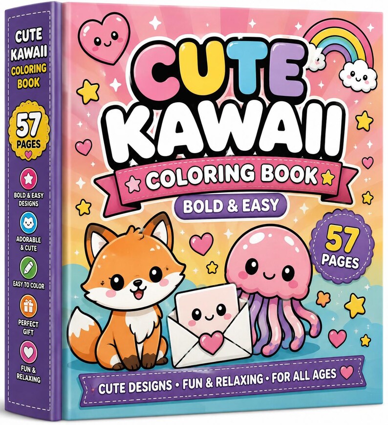 May include: A square colouring book titled Cute Kawaii Colouring Book with 57 pages. The cover features a cartoon fox, a pink jellyfish, and an envelope with a heart. The background is a pastel gradient with rainbows, stars, and hearts.