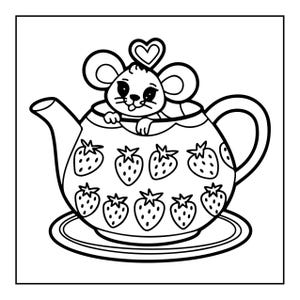 A line drawing of a mouse with a heart on its head sitting in a teapot decorated with strawberries.
