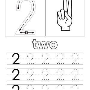 May include: A black and white educational worksheet for the number two. It features a large numeral two with directional arrows, a hand showing two fingers, the word two, and three rows of dotted lines for tracing the number two.