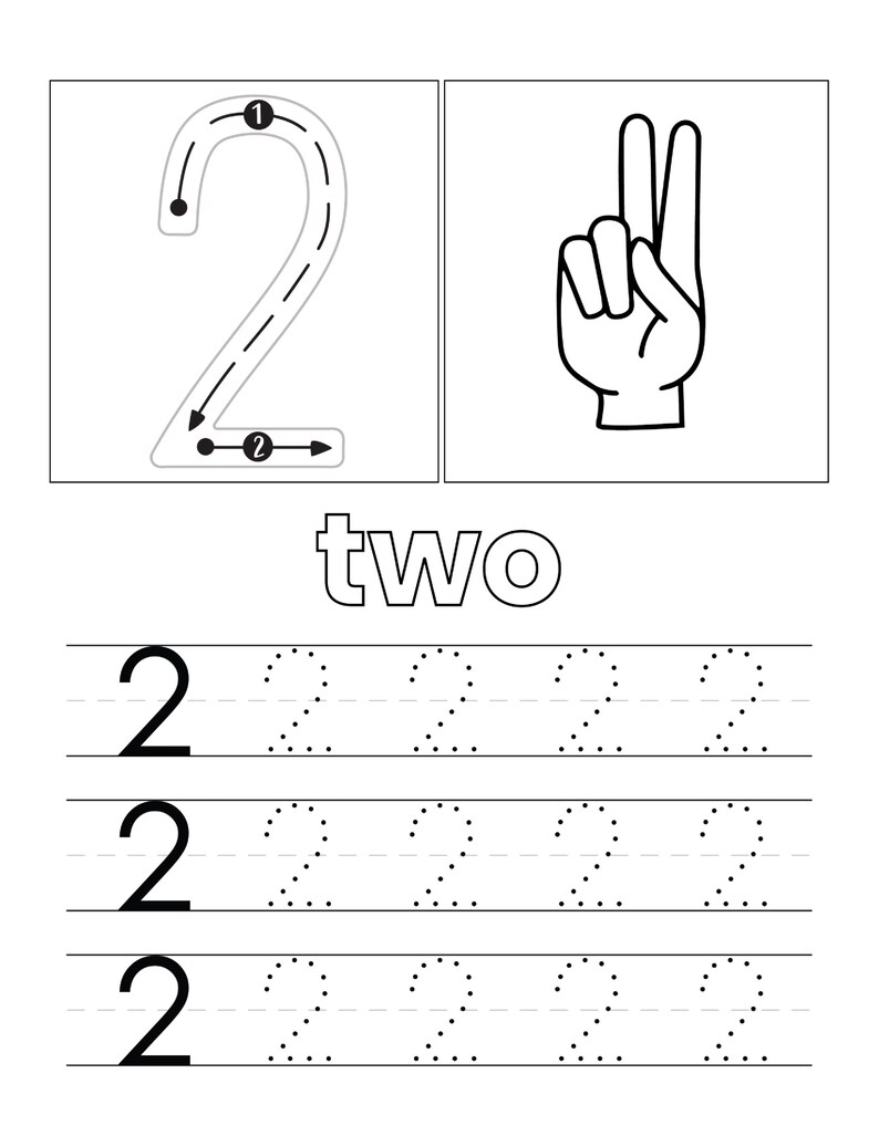 May include: A black and white educational worksheet for the number two. It features a large numeral two with directional arrows, a hand showing two fingers, the word two, and three rows of dotted lines for tracing the number two.