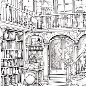 May include: A black and white line art illustration of a multi-level interior space featuring a library with shelves filled with books, decorative pottery, a table with plants, a grand arched doorway with intricate carvings, and a staircase.