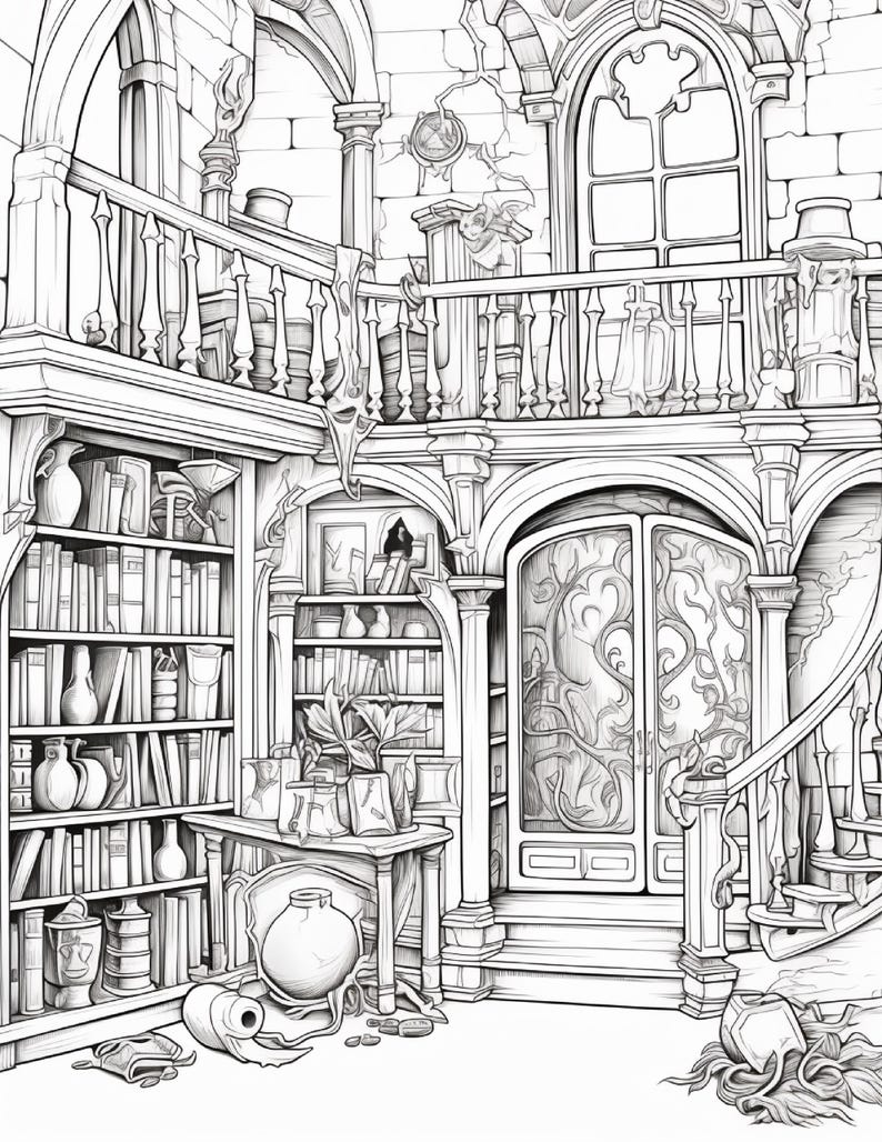 May include: A black and white line art illustration of a multi-level interior space featuring a library with shelves filled with books, decorative pottery, a table with plants, a grand arched doorway with intricate carvings, and a staircase.