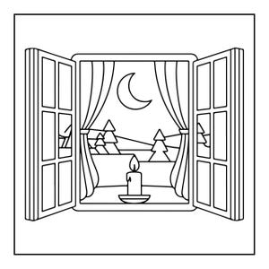 A line drawing of an open window with curtains, showing a night sky with a crescent moon, pine trees, and a lit candle on the sill.